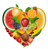 Set of fruit shape heart. Healthy food apple, grapes, melon, watermelon, berry, raspberry, strawberry, sweet cherry