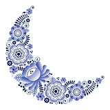 Russian ceramics Gzhel pattern - floral moon shape design