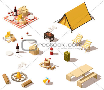 Vector isometric low poly camping equipment