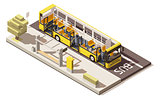 Vector isometric low poly bus near the bus stop