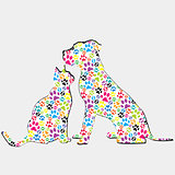 Silhouettes of cat and dog patterned in colored paws