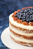 Naked carrot cake decorated with fresh blueberry and pecan