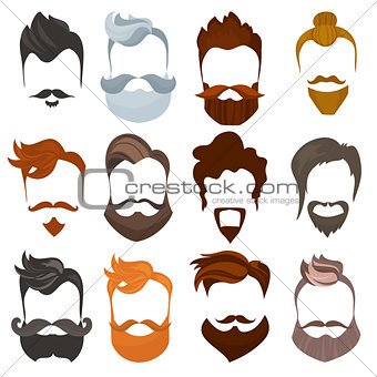 Set of men cartoon hairstyles with beards and mustache. Collection of fashionable stylish types. Vector illustration with isolated hipsters on a white background.