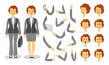 Businesswoman character creation set. Icons with different types of faces and hair style, emotions, front, rear, side view of male person. Moving arms, legs. Vector illustration