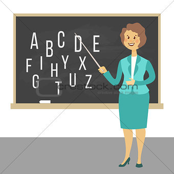 Young female teacher on lesson at blackboard in classroom. Teacher with pointer, teacher showing on board. Vector illustration