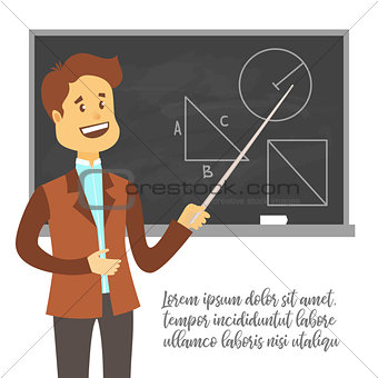 Teacher, professor standing in front of blank school blackboard vector illustration. School male teacher near blackboard