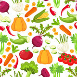 Raw vegetables with sliced pepper eggplant garlic mushroom courgette tomato onion cucumber vector illustration.Seamless pattern on a white background , vegetables illustrations