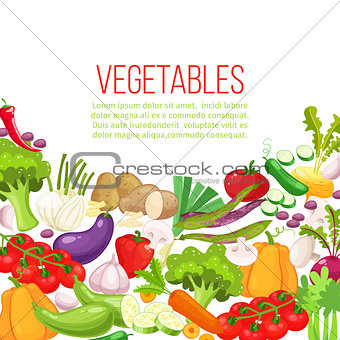 Vegetables top view frame. Farmers market menu design. Organic food colorful poster.Colorful organic banner with vegetables. Cartoon style vector illustration.