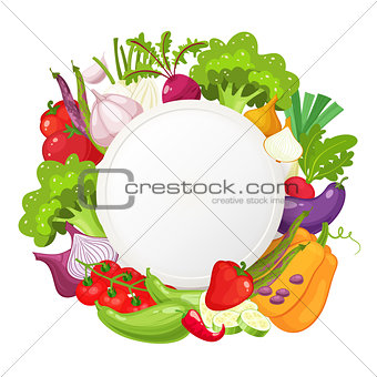 Healthy vegetables and vegetarian food round banner. Fresh organic food, healthy eating background with place for text. Natural farm product . Cartoon vector illustration