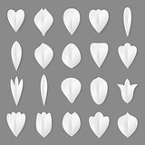 Vector paper flowers petal and leaves set. 3d origami abstract flower icons illustration