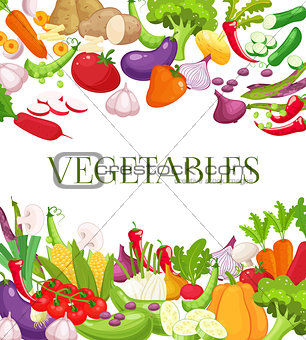 Vegetable and healthy food menu poster. Fresh carrot, tomato, pepper, onion, broccoli, cabbage, garlic, cucumber, cauliflower, kohlrabi and radish. Vegetarian food, organic shop design