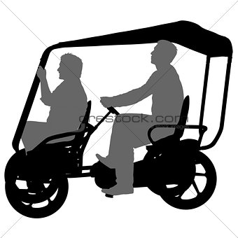 Silhouette of two athletes on tandem bicycle on white background