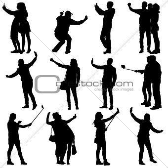 Set silhouettes man and woman taking selfie with smartphone on white background. Vector illustration