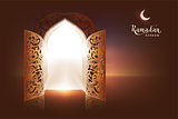 Ramadan Kareem lettering text greeting card. Open door to mosque and moon