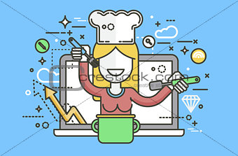 Vector illustration chef cook nutritionist dietician woman HLS cooking training education recipe blog proper healthy eating lifestyle online TV show nutrition line art