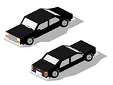 Isometric black car showing front and rear  views