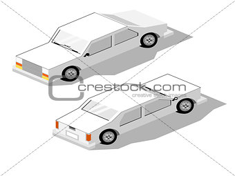Isometric white car showing front and rear  views
