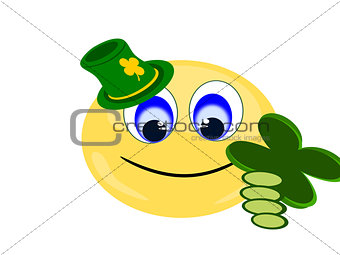 Emoji holding four leaf clover wearing green Irish hat