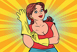 woman in rubber gloves cleaning