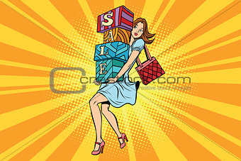 Young woman with boxes sale, buyer and shopping