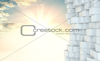 Wall from white cubes against beautiful sunrise