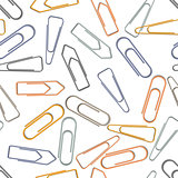 Different metal paper clips on white background, seamless pattern