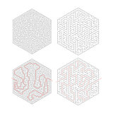 Two complicated hexagon-shape labyrinths with red path of solution isolated on white
