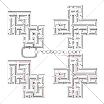 Two complicated labyrinths with red path of solution isolated on white
