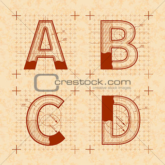 Medieval inventor sketches of A B C D letters. Retro font on old yellow textured paper