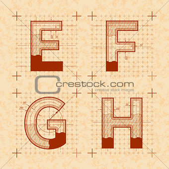 Inventor sketches of E F G H letters. Retro style font on old yellow textured paper