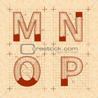 Medieval inventor sketches of M N O P letters. Retro style font on old yellow paper