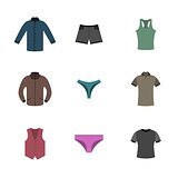 Set various upper and lower clothing in flat style, vector illustration.