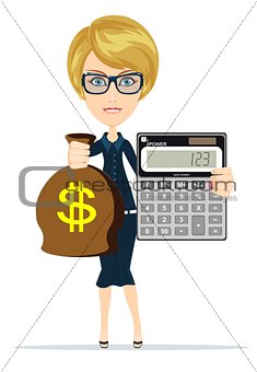 Woman holding a money bag and electronic calculator