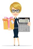 Woman holding an electronic calculator and gift box