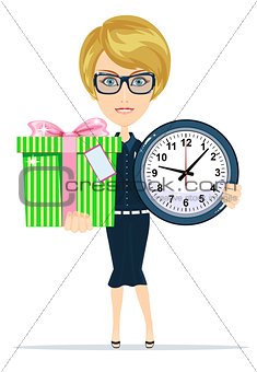 Woman holding a gift box and clock