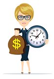 Woman holding a money bag and clock