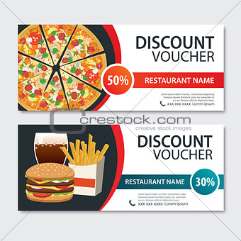 Discount voucher fast food template design. Set of pizza, hambur