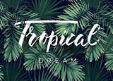 Summer tropical vector design for banner or flyer with dark green palm leaves and lettering.