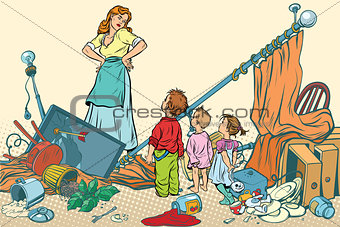 Terrible mother and the kids made a mess at home