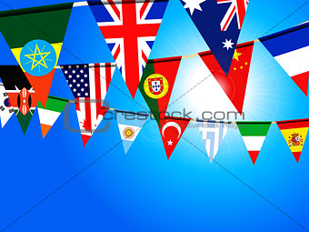 World bunting flags over sunny sky
