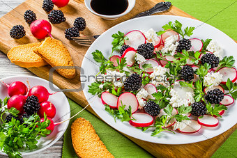parsley, blackberry, radish, goat cheese salad