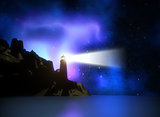 3D lighthouse against a space sky