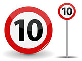 Round Red Road Sign: Speed limit 10 kilometers per hour. Vector Illustration.