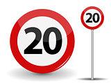 Round Red Road Sign Speed limit 20 kilometers per hour. Vector Illustration.