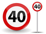 Round Red Road Sign Speed limit 40 kilometers per hour. Vector Illustration.