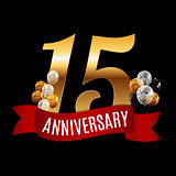 Golden 15 Years Anniversary Template with Red Ribbon Vector Illu