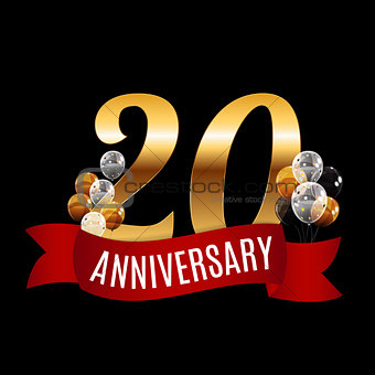 Golden 20 Years Anniversary Template with Red Ribbon Vector Illu