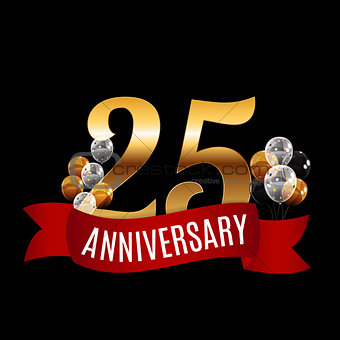 Golden 25 Years Anniversary Template with Red Ribbon Vector Illu