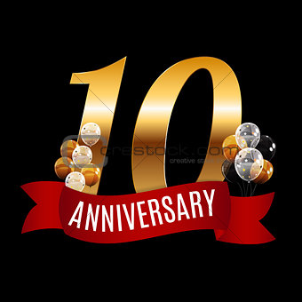 Golden 10 Years Anniversary Template with Red Ribbon Vector Illu