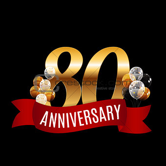 Golden 80 Years Anniversary Template with Red Ribbon Vector Illu